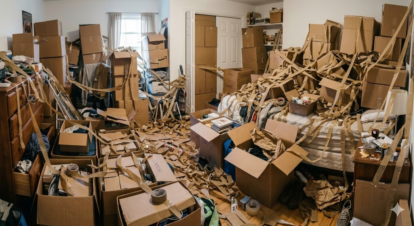 Chaotic moving room full of cardboard boxes — the problem MassPack solves
